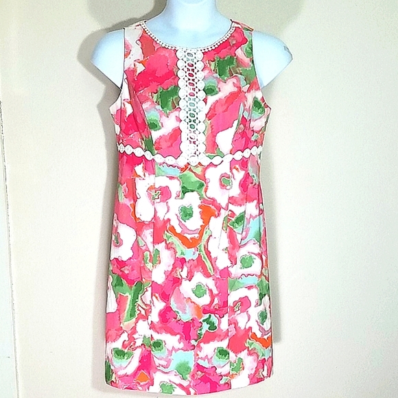 Sundress Lined Floral Print stretch midi lace trim Pink White Zipper Sheath EUC - Picture 1 of 9